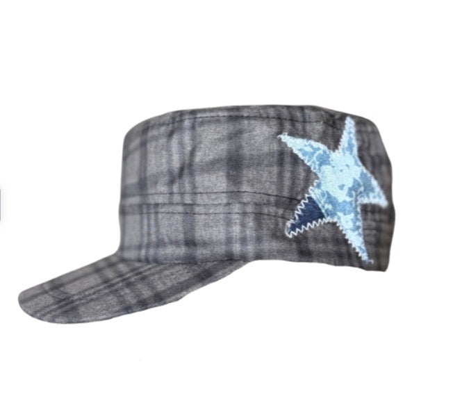 Grey plaid cadet/white stitching
