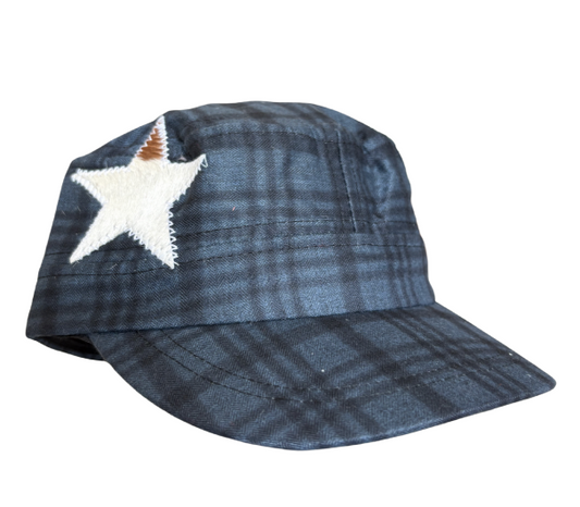 Blue plaid, white cow star, light purple stitching