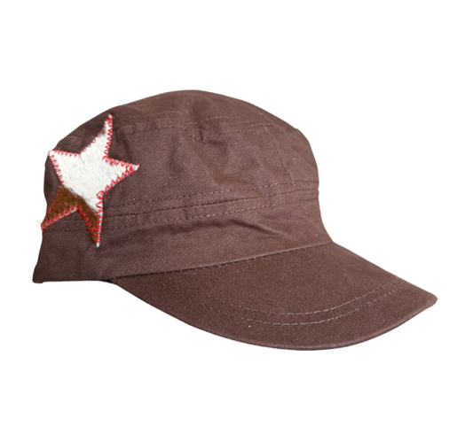Brown hat, cow star, red stitching