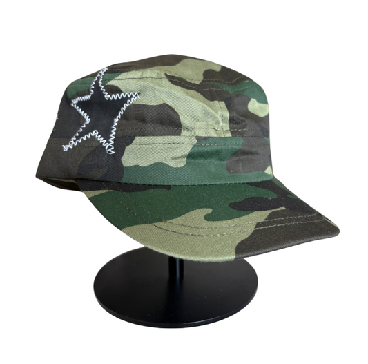 Camo hat, black star, white stitching