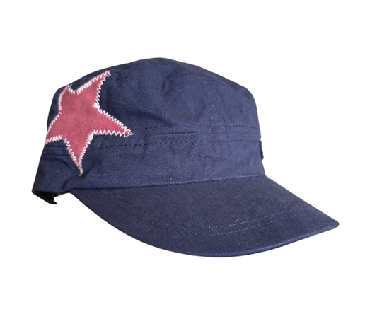 Navy hat, pink star, light pink stitching