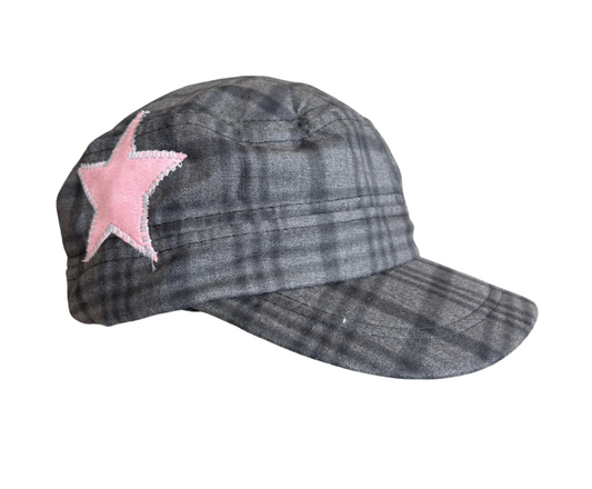 grey/black plaid hat, pink star, white stitching