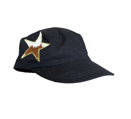 Black hat, cow star, yellow stitching