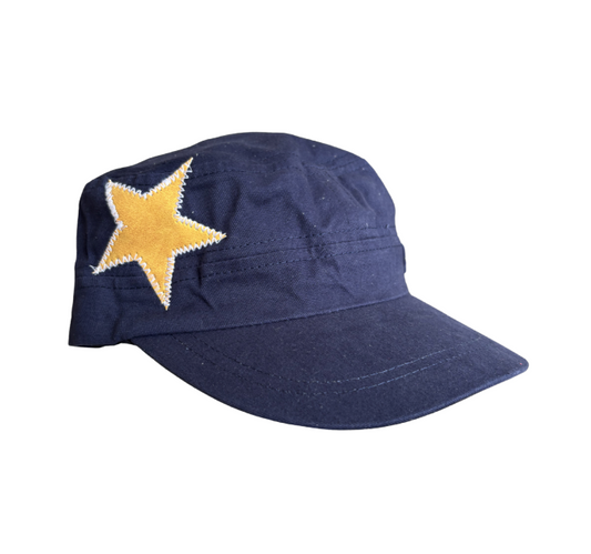 Navy hat, yellow star, white stitching