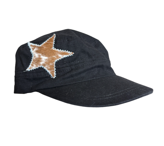 Black hat, cow star, light blue stitching