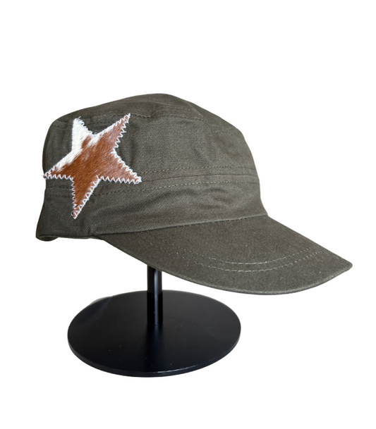 Green hat, cow star, lavender stitching
