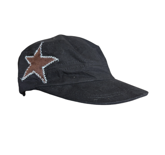 Black hat, brown star, light blue stitching