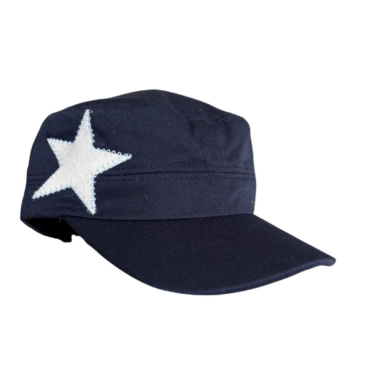 Navy hat, white cow star, light blue stitching