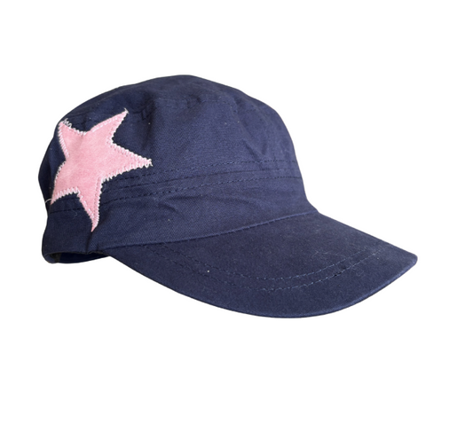 Navy hat, pink star, light pink stitching
